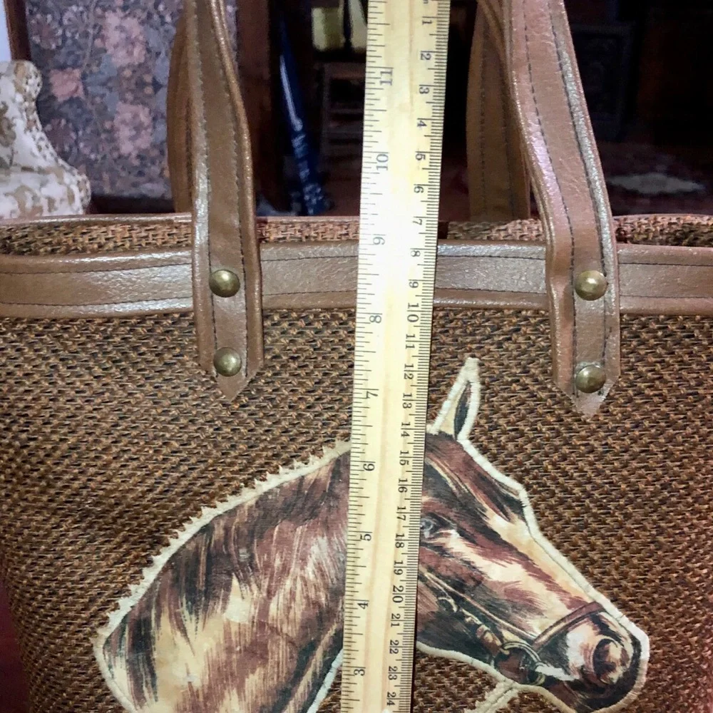 Woven vintage hardbody Brown bucket Tote Bag with Horse Motif